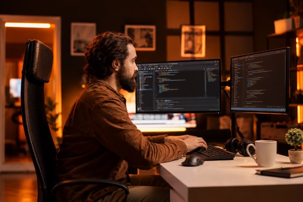Desenvolvedor em software house acompanhando o código em dois monitores.